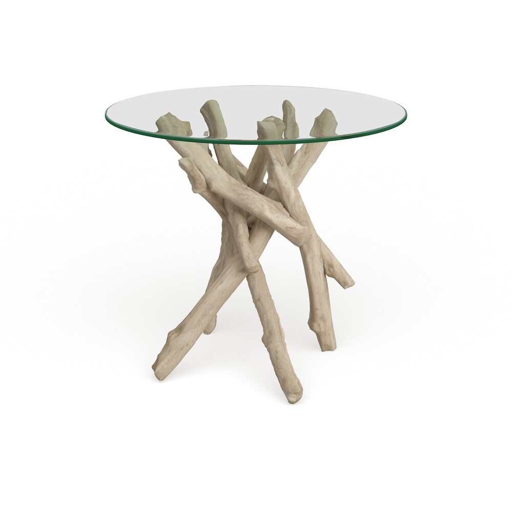 Brown Wood Handmade Tree Branch Accent Table with Clear Glass Top