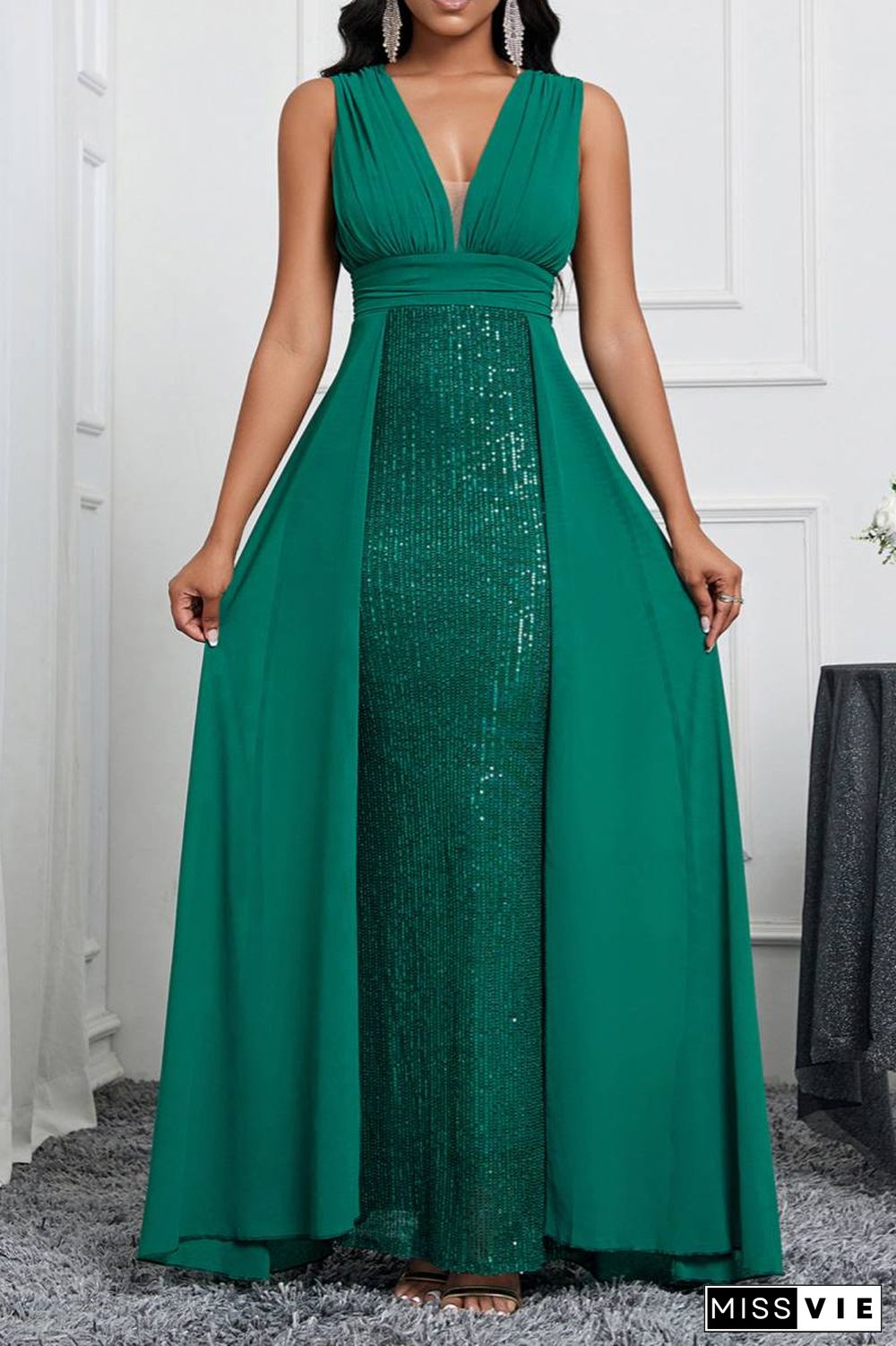 Sexy Formal Patchwork Sequins V Neck Long Dresses