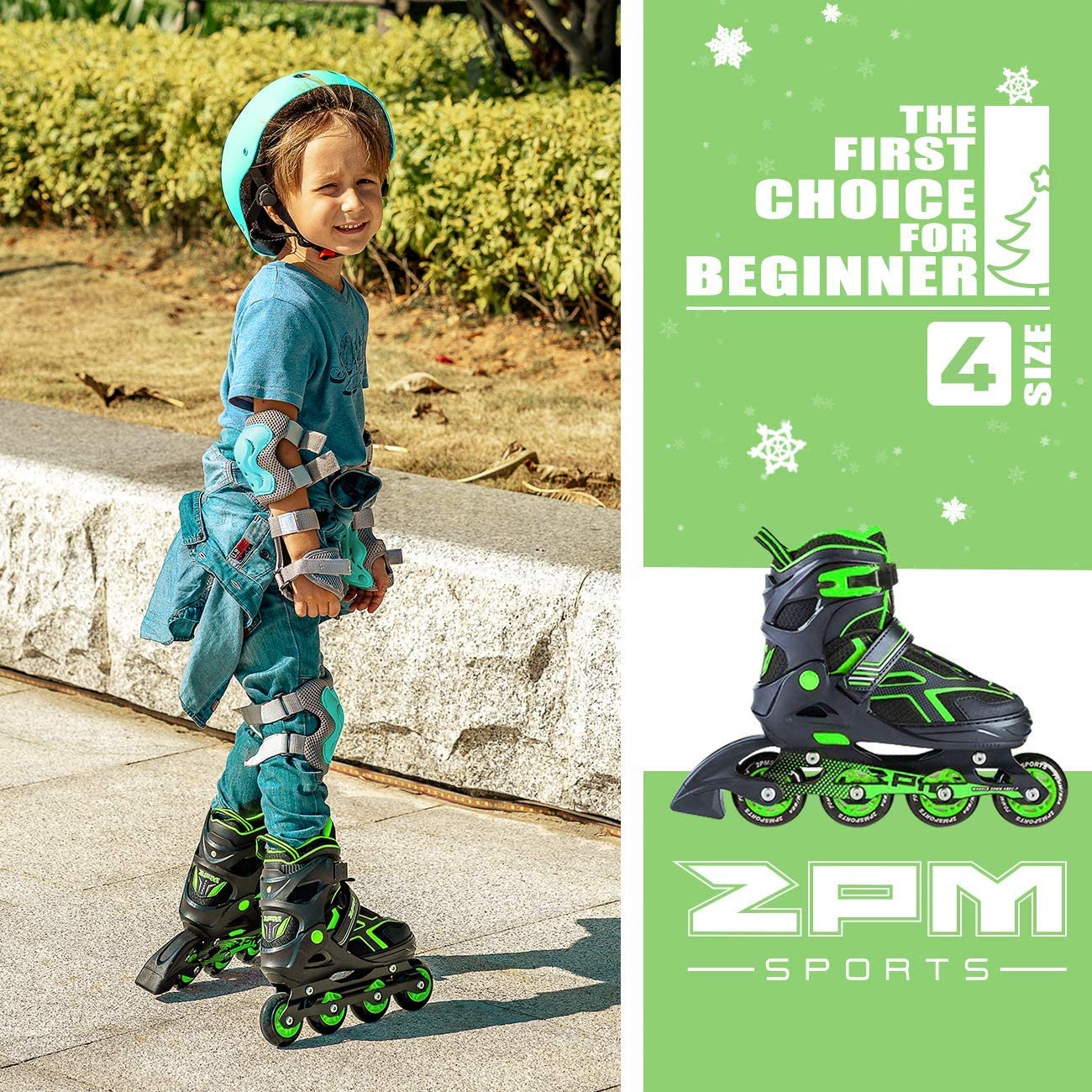 2PM SPORTS Torinx Green Black Boys Adjustable Inline Skates， Fun Roller Blades for Kids， Beginner Roller Skates for Girls， Men and Ladies - Green Large(4Y-7Y US)