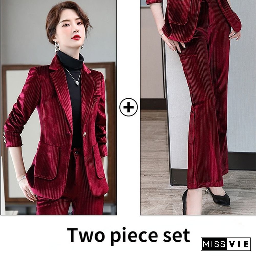 Women Flare Pants Trousers Bell-Bottoms Suit Set Velvet Blazer Jacket Striped Coat Office Outfits Business Formal