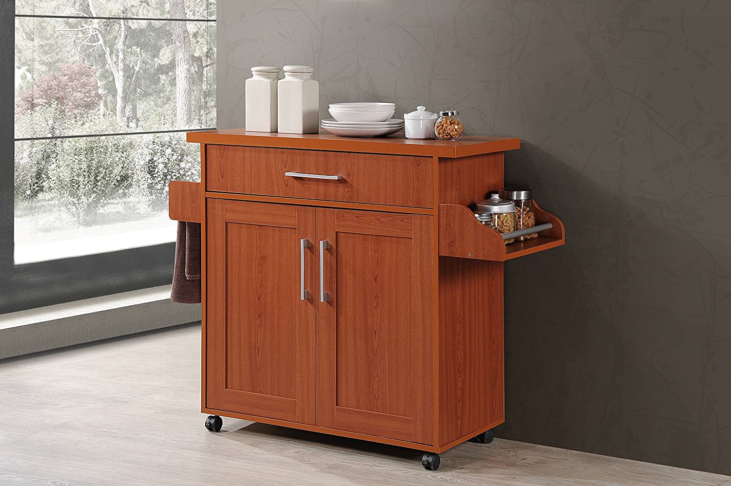 Hodedah Kitchen Island with Spice Rack， Towel Rack and Drawer， Cherry