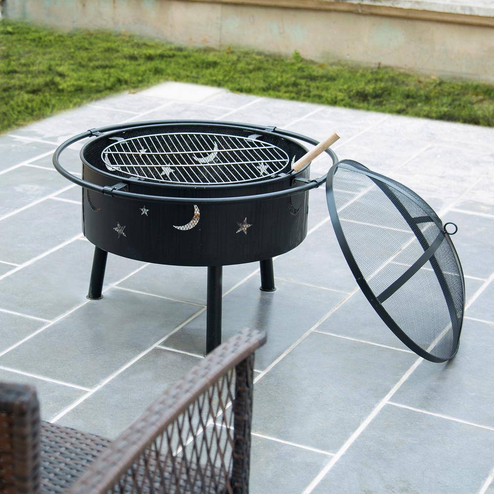 WESTIN OUTDOOR 23 in. x 23 in. x 24 in. Round Steel Wood Burning Outdoor Fire Pit with Porto Star and Moon 3006102