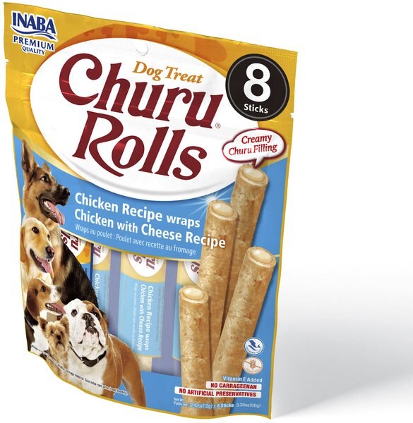 Inaba Churu Rolls Chicken with Cheese Recipe Grain-Free Soft and Chewy Dog Treats， 0.42-oz， pack of 8