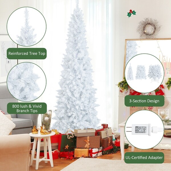 Costway 7FT PreLit Hinged Pencil Christmas Tree White w/ 300 LED