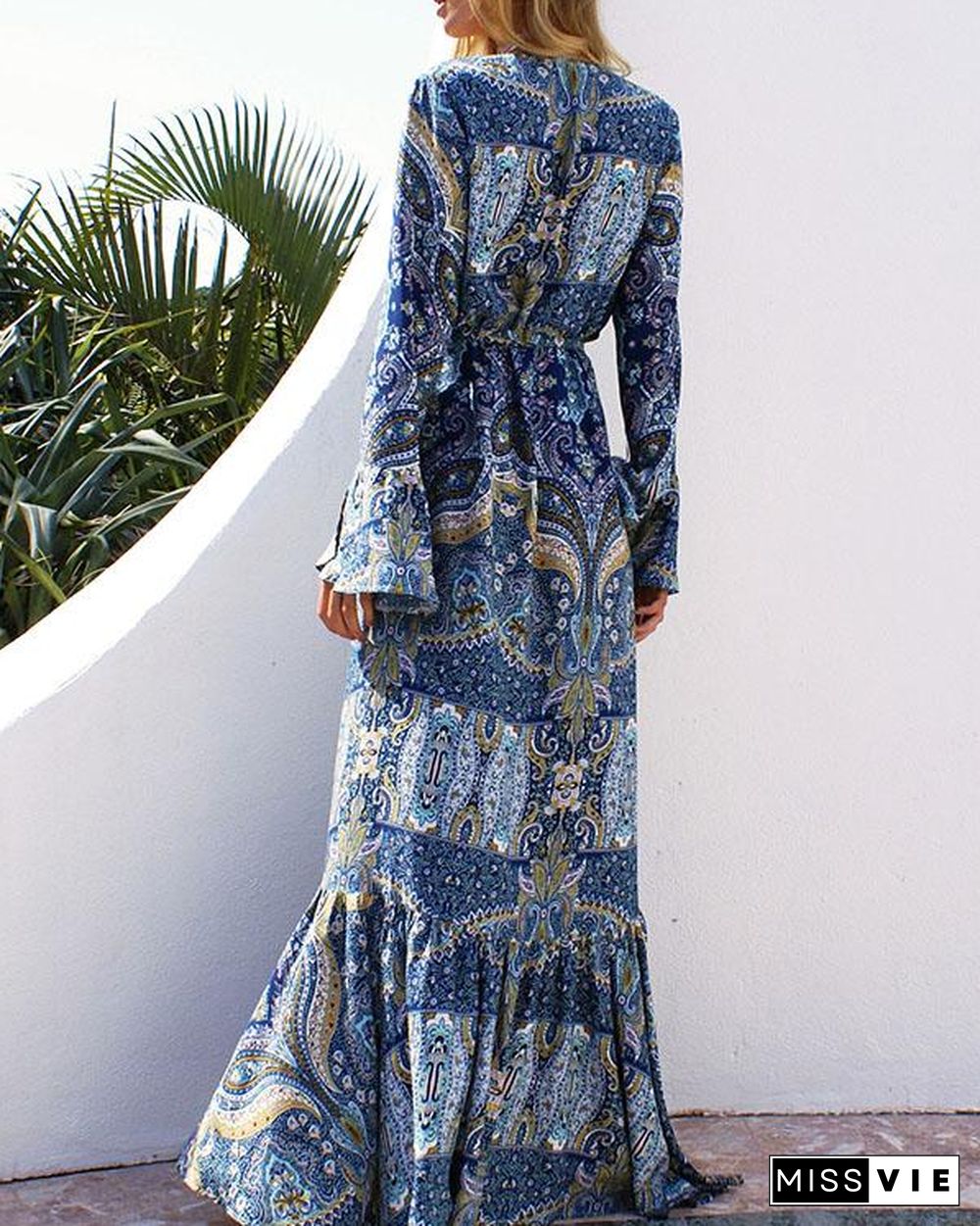 Bohemian Long Sleeve Printed V Neck A Line Maxi Dress