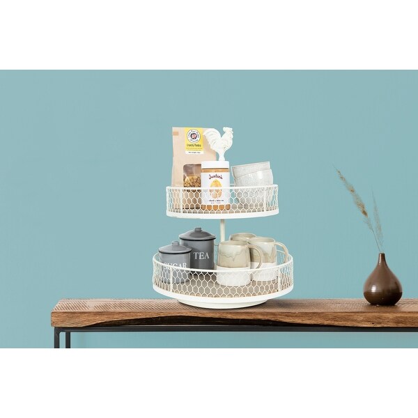 2-Tier Wood and Metal Round Trays with Rooster Top