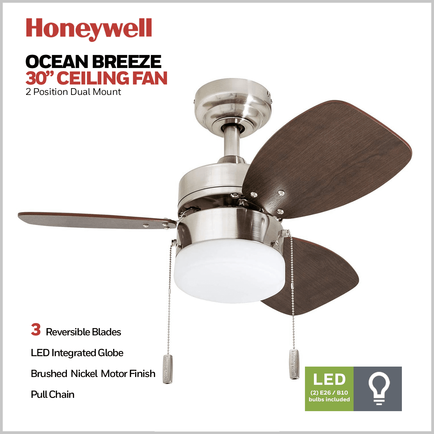 Honeywell Ocean Breeze 30-InchBrushed Nickel Small 3 Blade LED Ceiling Fan with Light