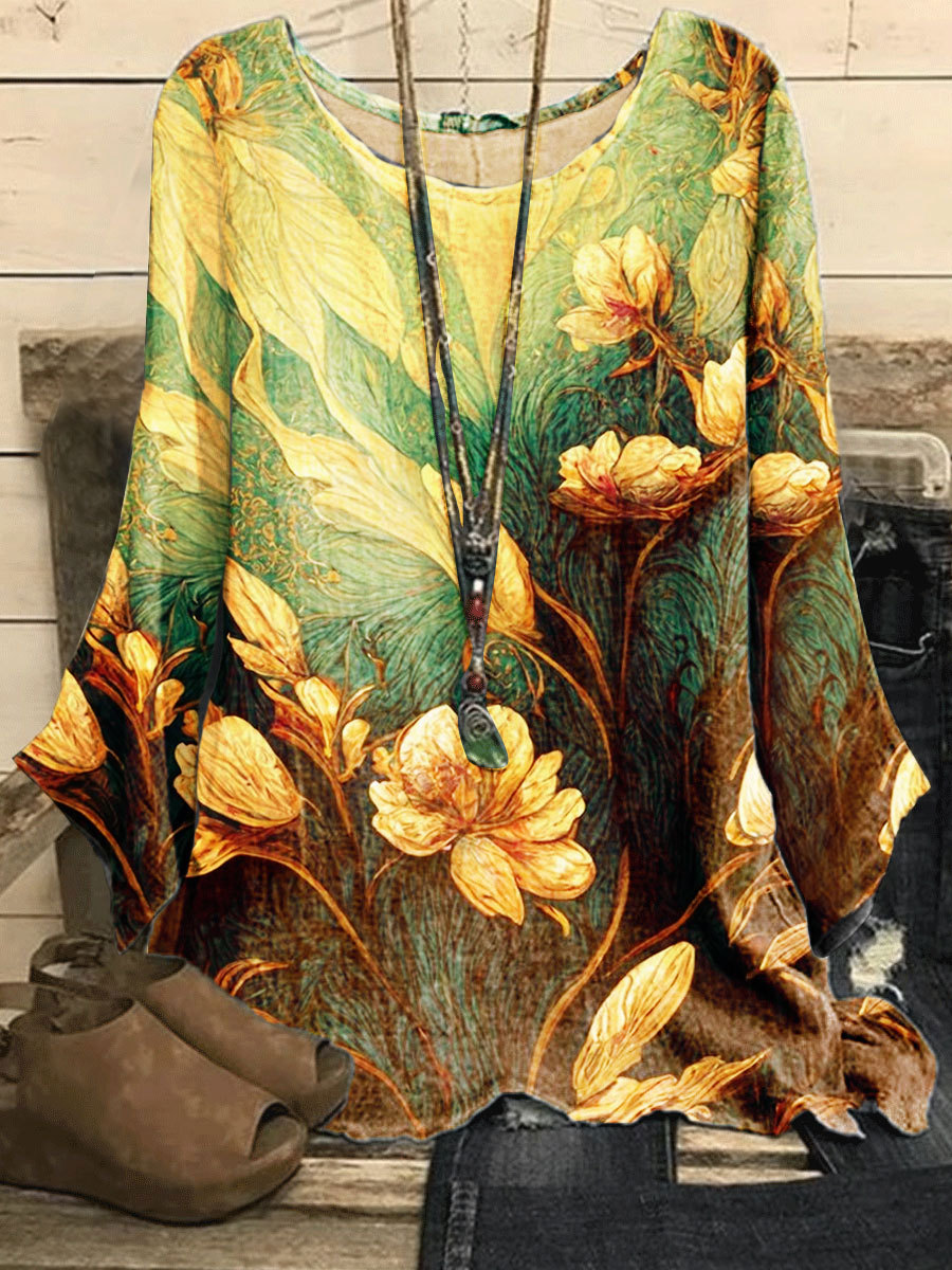 Round Neck Casual Loose Floral Print Long Sleeve Blouse