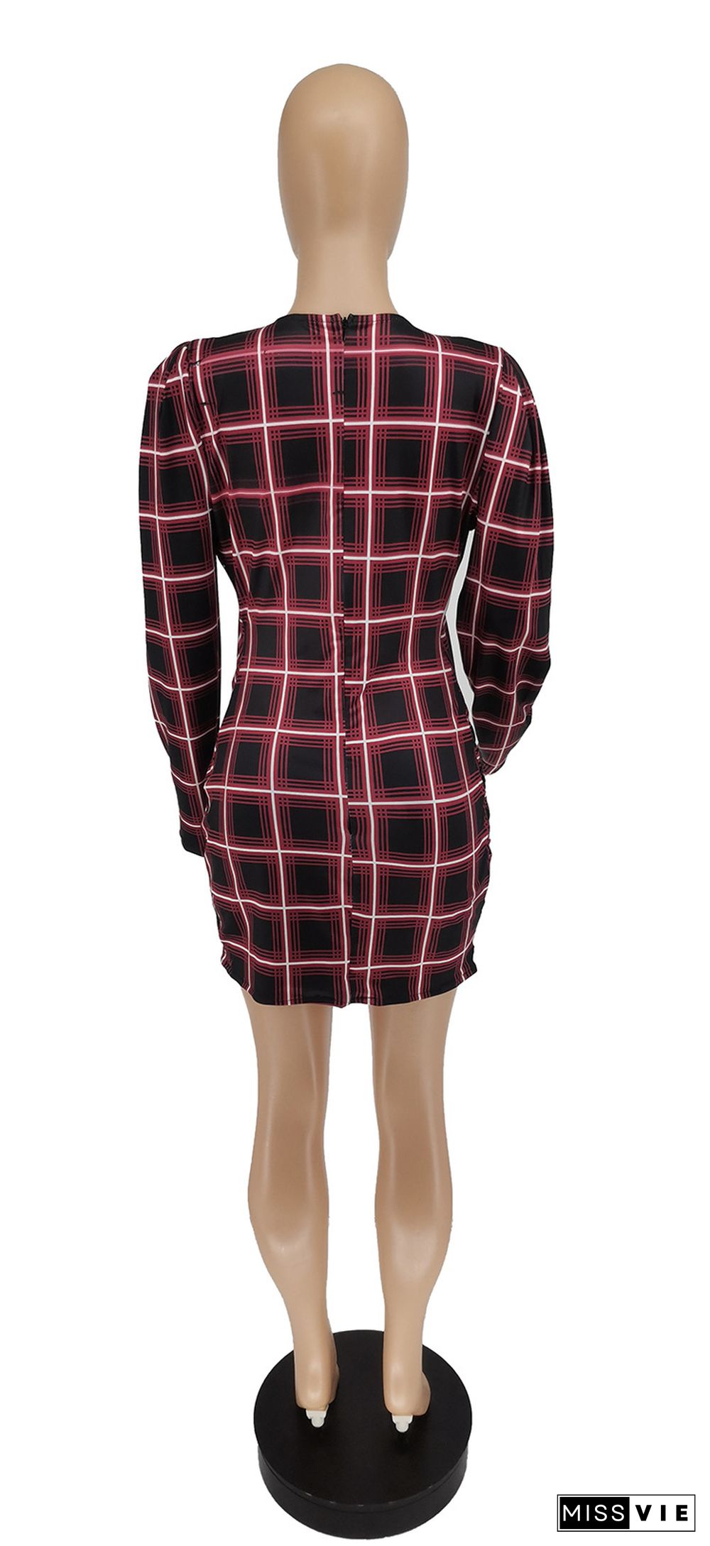 Women Sexy Deep V Neck Long Sleeve Sheath Plaid Dress