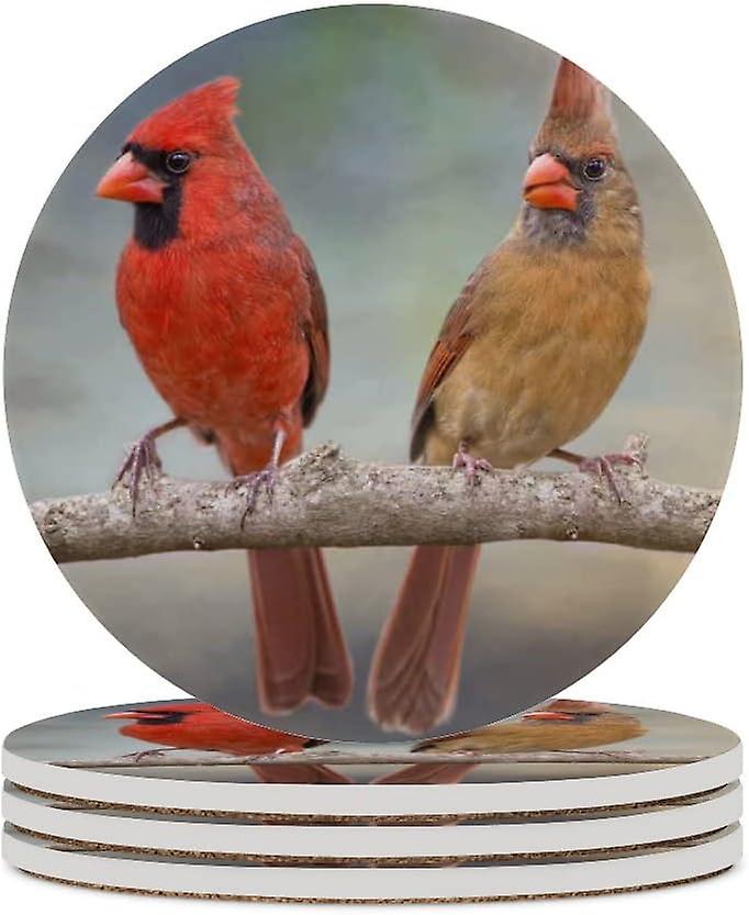 6pcs Round Red Bird Couples Ceramic Coasters With Cork-backed For Coffee Drink Cup Mat Absorbent Stone Coasters