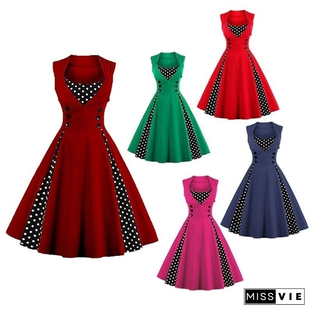 Fashion Woman Robe Pin Up Dress Retro Vintage Dot Swing Summer Female Sleeveless Party Dresses