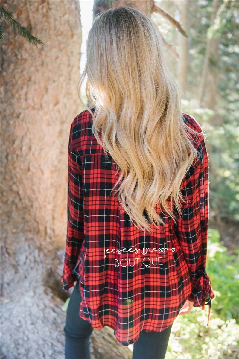 Plaid Button Down Tie Sleeve Top