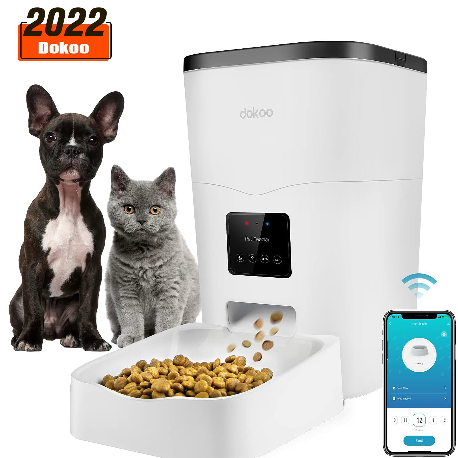 Dokoo Automatic Cat Feeder，App Control，Wi-Fi Enabled Smart 3L Clog-Free Auto Dog Food Dispenser with Portions and Control 1-10 Meals per Day，10S Voice Recorder Pet Timer Feeder for Cat and Dogs