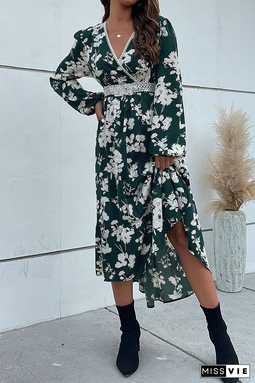 Green Wrap V Neck High Waist Floral Maxi Dress