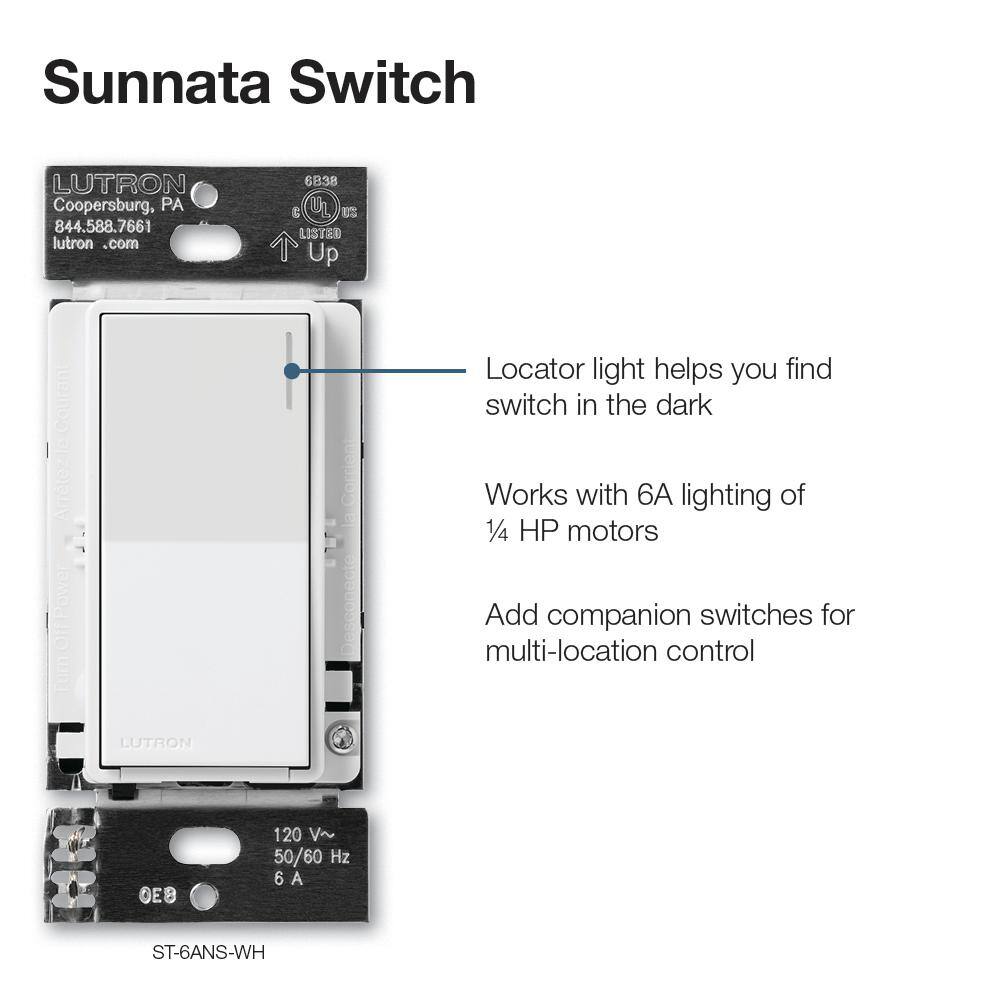 Lutron Sunnata Switch for 6A Lighting or 3A 110 HP Motor Single PoleMulti Location Ivory (ST-6ANS-IV) ST-6ANS-IV