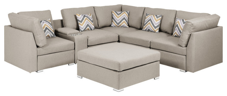 Amira Beige Fabric Reversible Sectional Sofa With Usb Console and Ottoman   Contemporary   Sectional Sofas   by Timeout PRO  Houzz