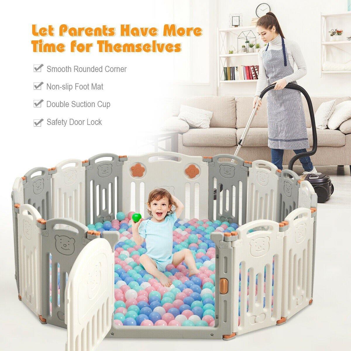 Costzon Baby Playpen, 16-Panel Foldable Baby Fence w/Locking Gate (Beige + Gray, 16-Panel)