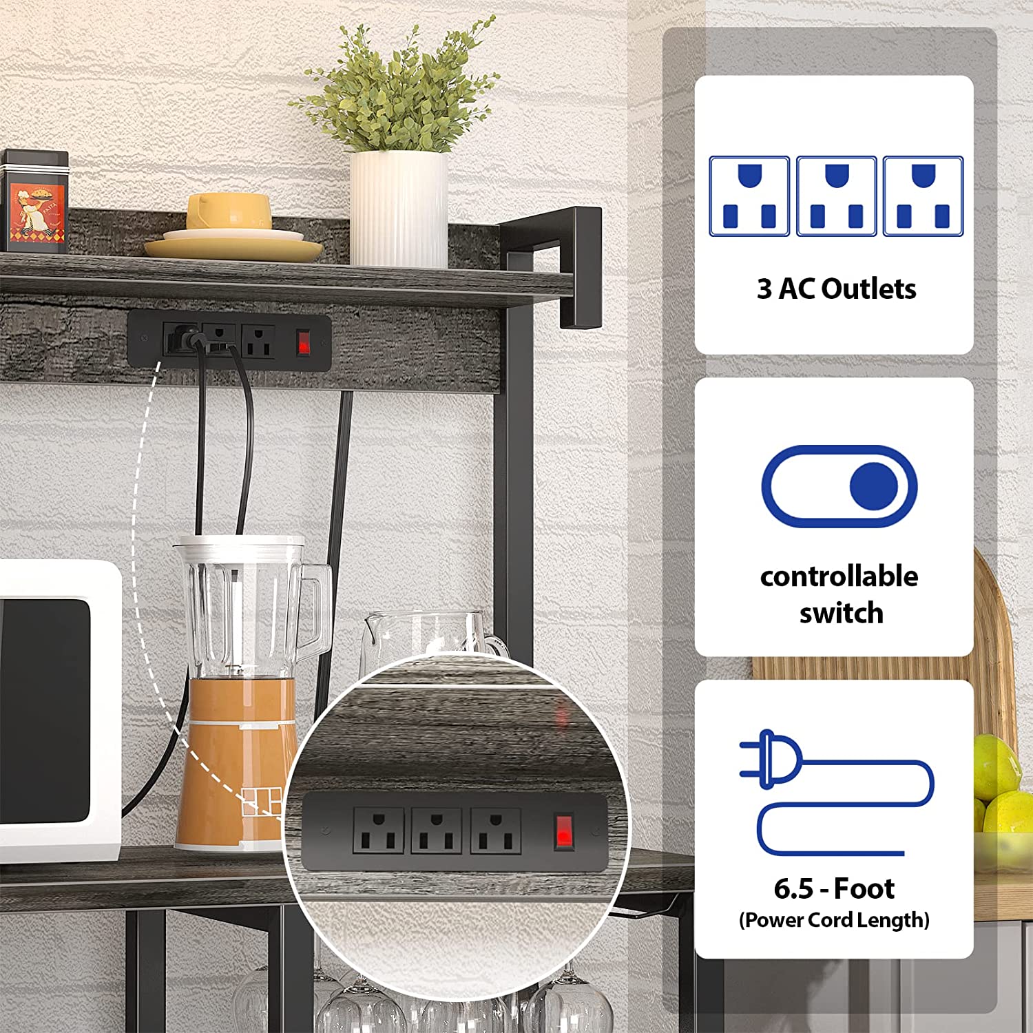 Bakers Rack with Power Outlet, Microwave Stand, Kitchen Storage Shelf with Wire Basket, Coffee Bar Station with Wine Glass Holder, 35.4