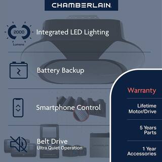 Chamberlain 1-14 HP LED Smart Quiet Belt Drive Garage Door Opener with Battery Backup B6713T