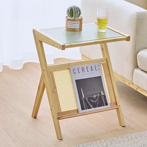 Bamboo Glass-top End Table with Rattan-like Magazine Rack