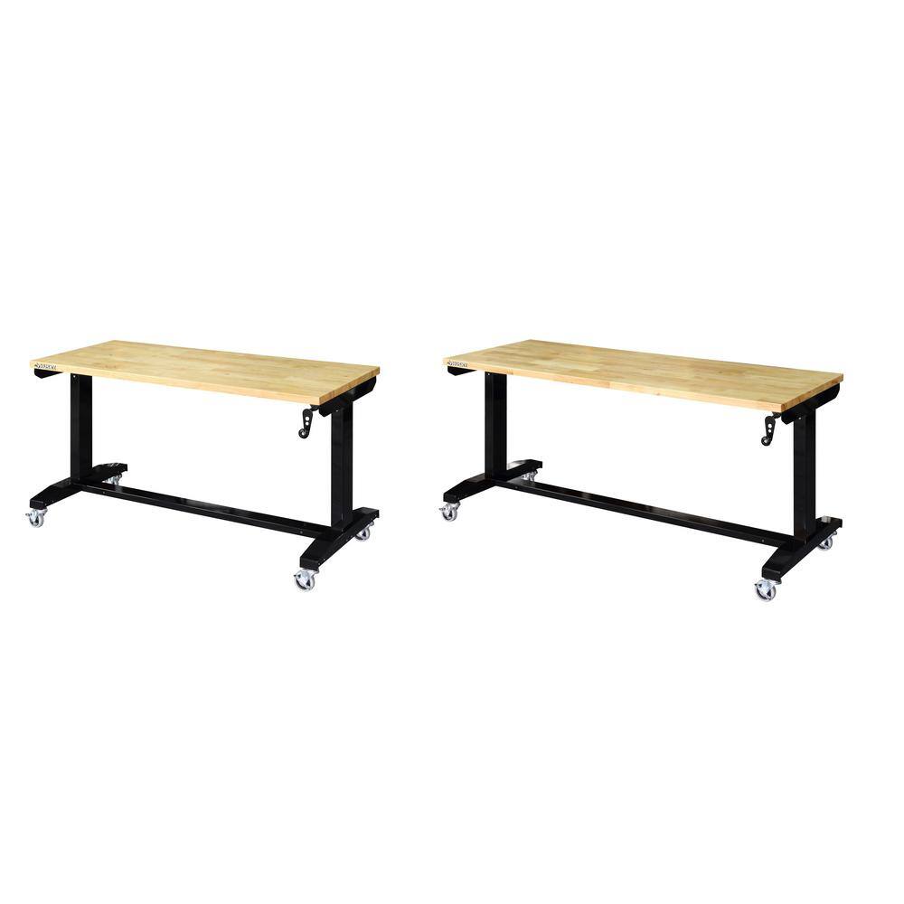 Husky Two Pack 52 in. and 62 in. Adjustable Height Work Tables with Solid Wood Tops in Black HOLT52XDB12+HOLT62XDB12