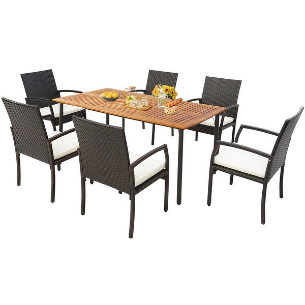 Patio Acacia Wood Dining Table with Umbrella Hole and Metal Legs