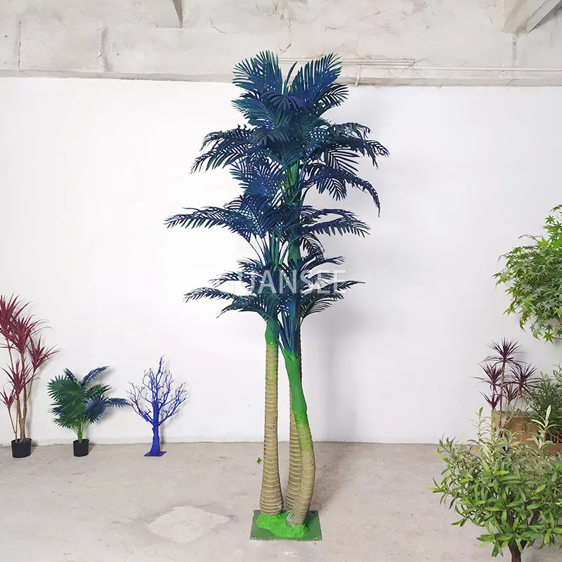 Indoor outdoor decoration green and blue plastic artificial plants artificial palm tree