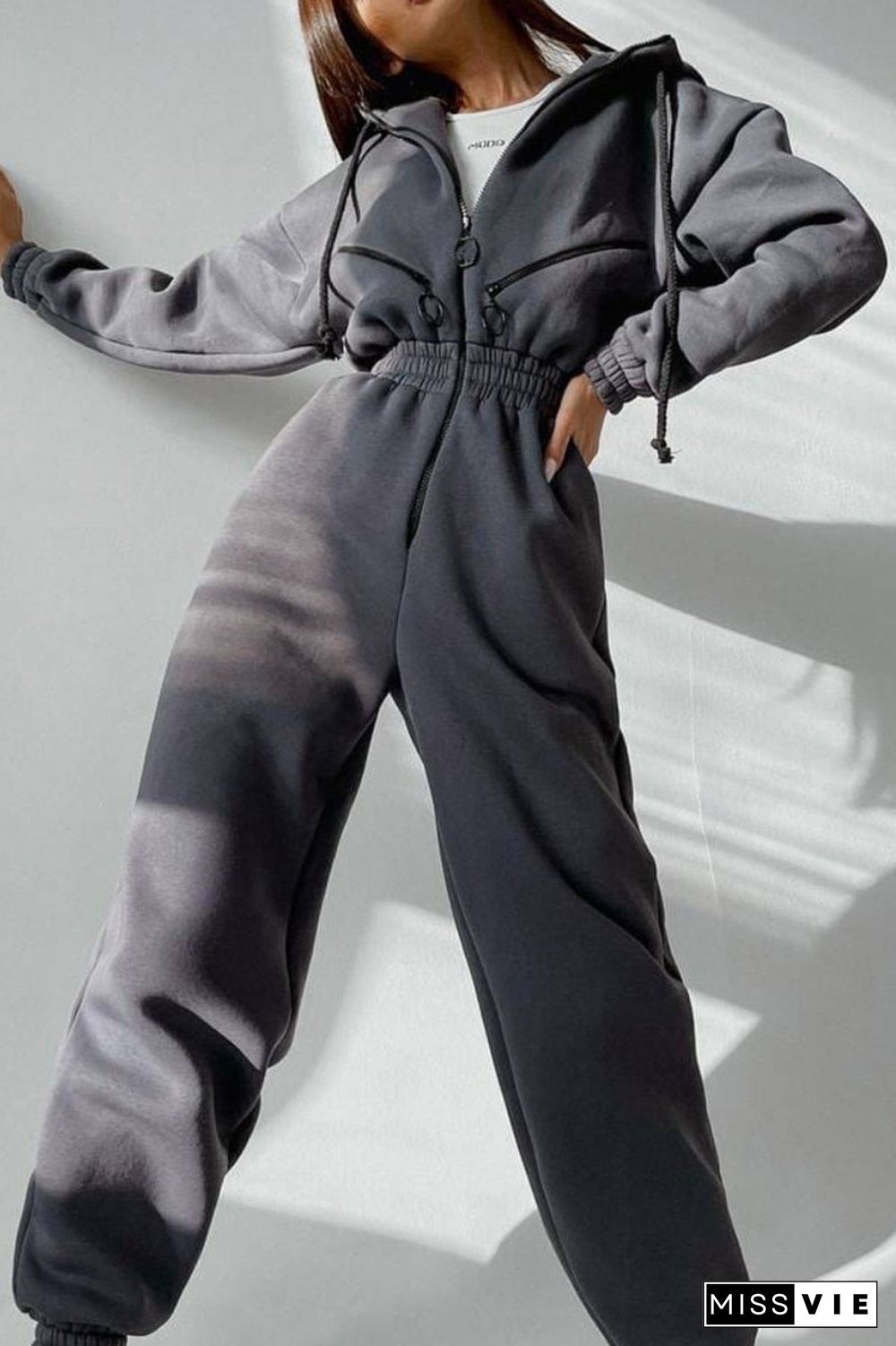 Street Solid Patchwork Hooded Collar Jumpsuits