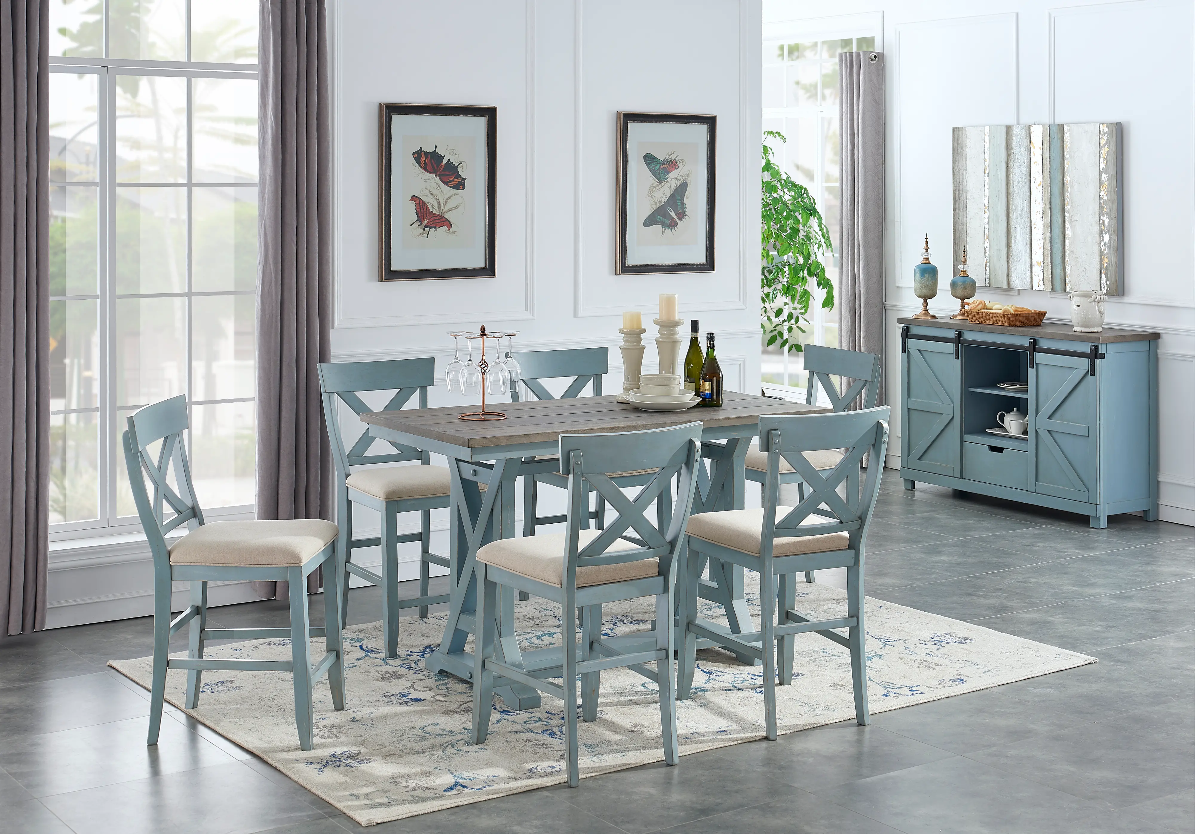 Bar Harbor Blue Counter Height Dining Chairs with Padded Seat， Set of 2