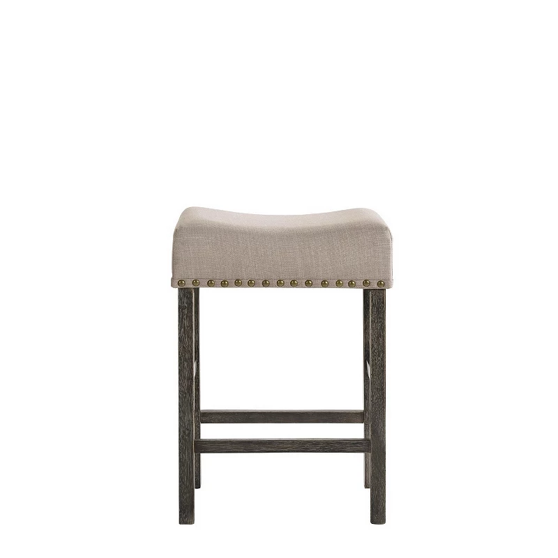 Wooden Counter Height Stool with Linen Upholstered Saddle Seat， Set of 2， Beige and Gray