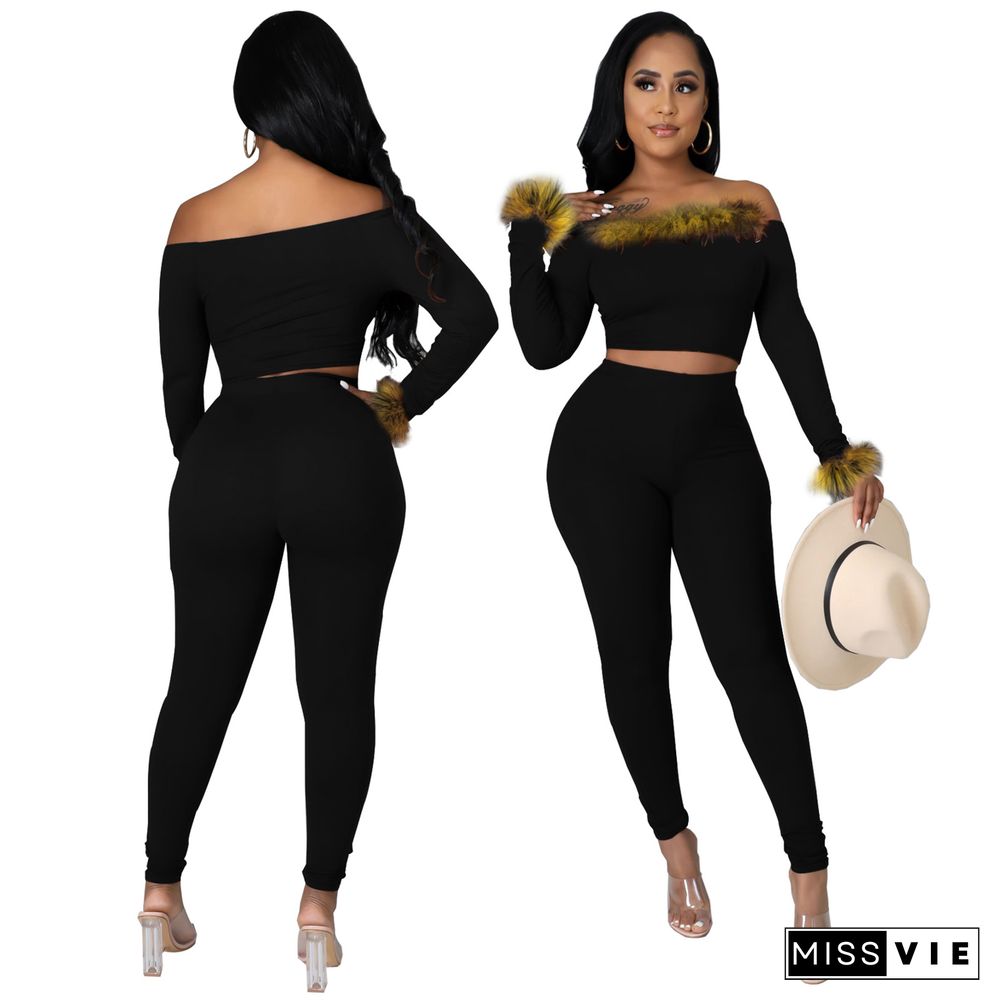 Furry Patchwork Off Shoulder Crop Top Pants Set