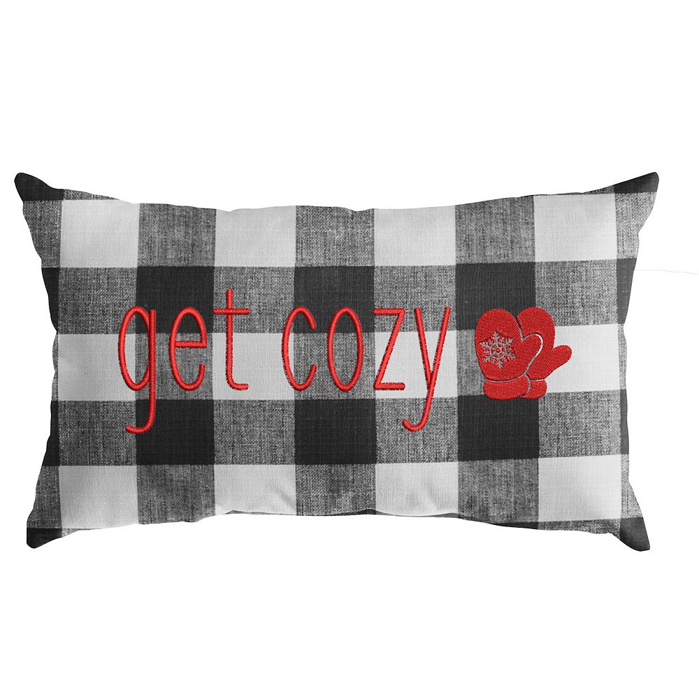 13 x 20 Black  White  and Red Get Cozy Sunbrella Indoor and Outdoor Embroidered Lumbar Plaid Pillow