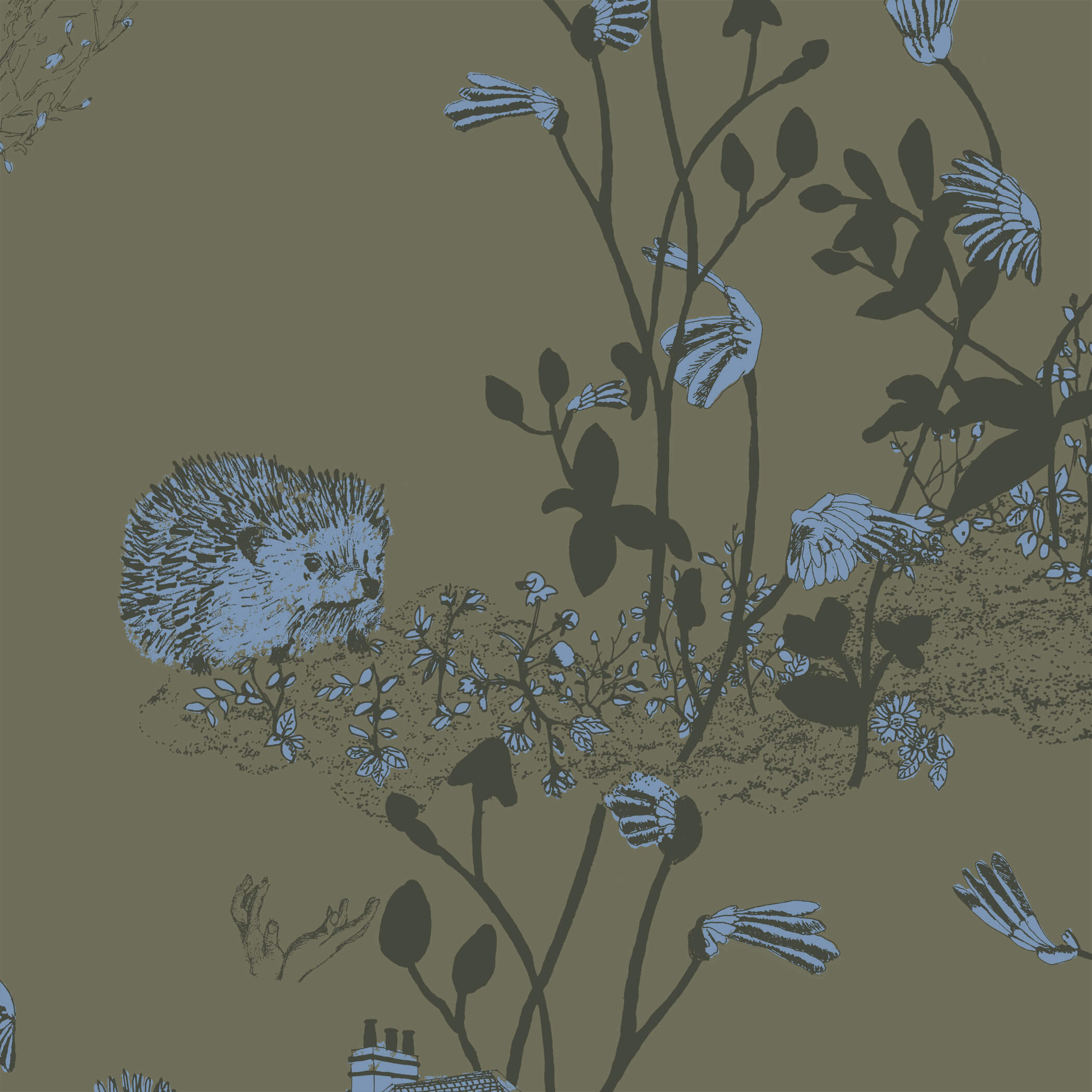 Classic Woodlands Wallpaper in Khaki and Blue