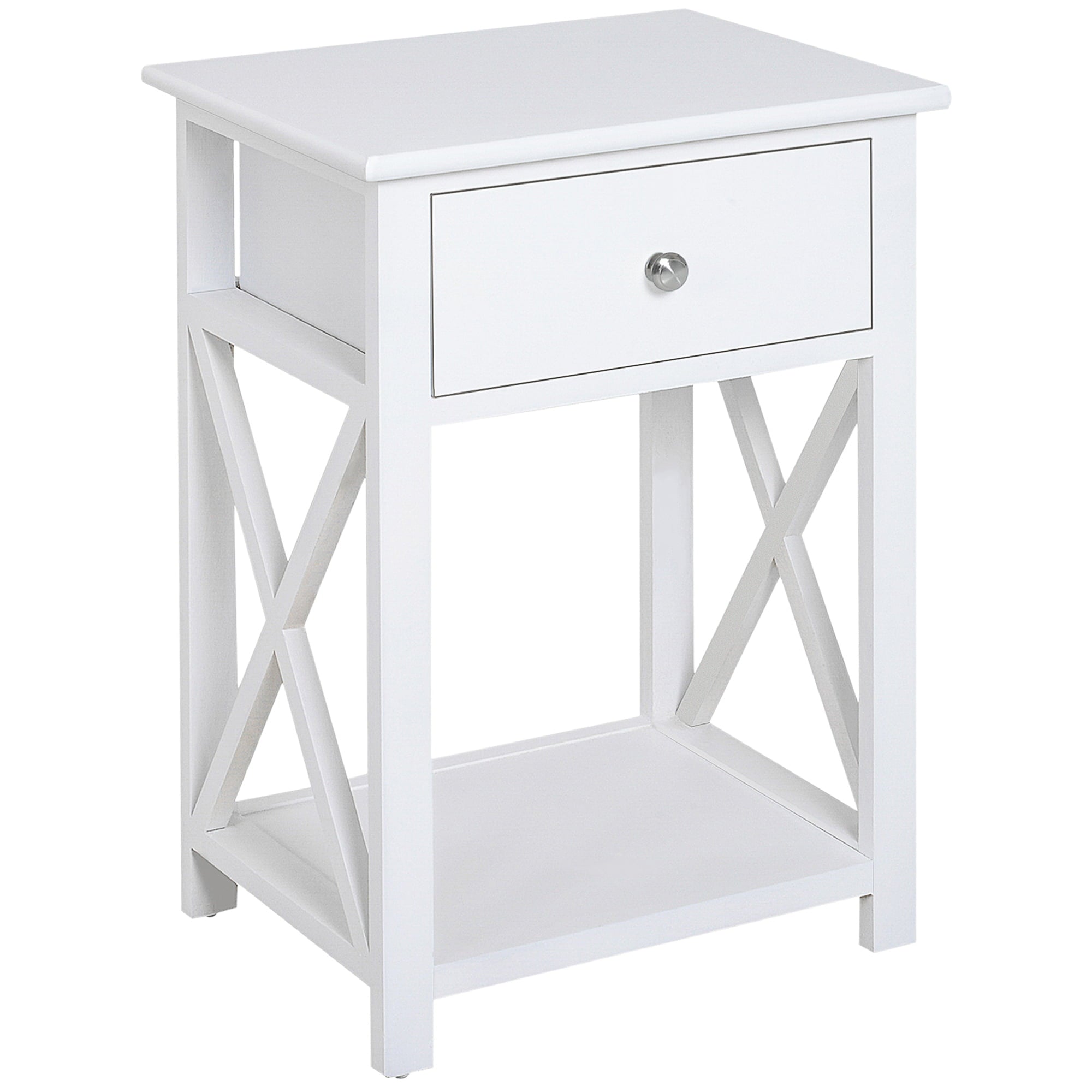 HOMCOM Farmhouse Side Table, 2-tier End Table with Storage Drawer, X-frame, Bedside Table for Living Room, White