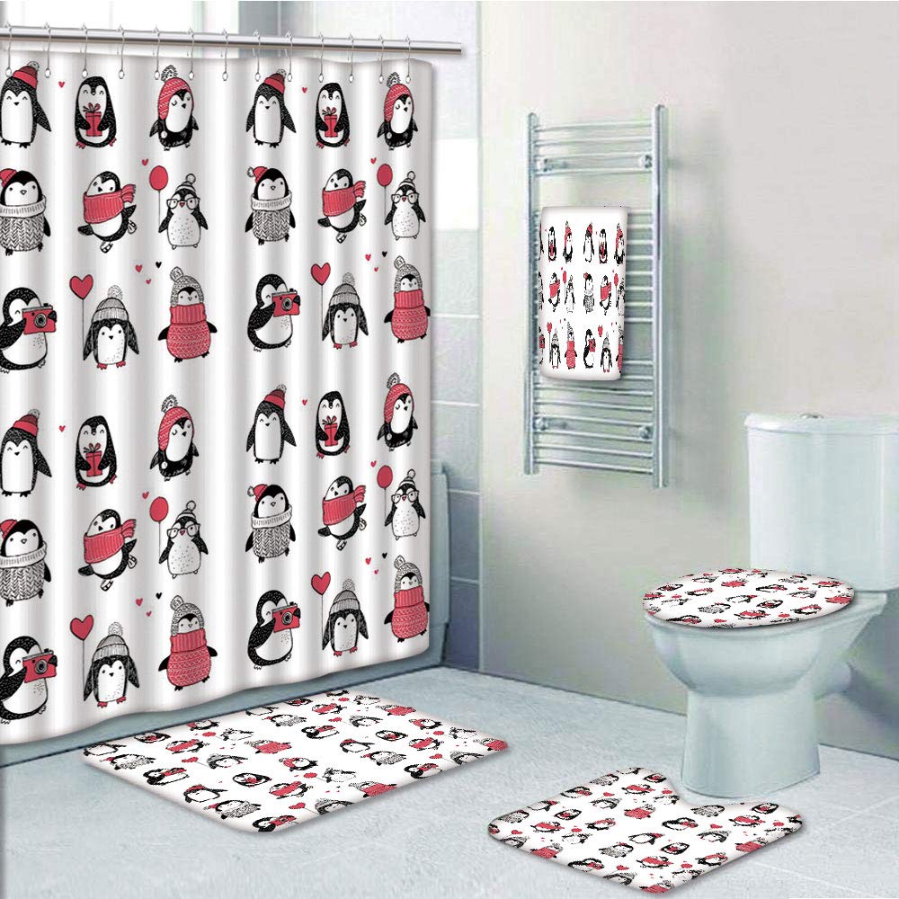 PRTAU Winter Cute Penguins Hand Drawn Set Merry Christmas Greetings Babies Kids Toddler 5 Piece Bathroom Set Shower Curtain Bath Towel Bath Rug Contour Mat and Toilet Lid Cover