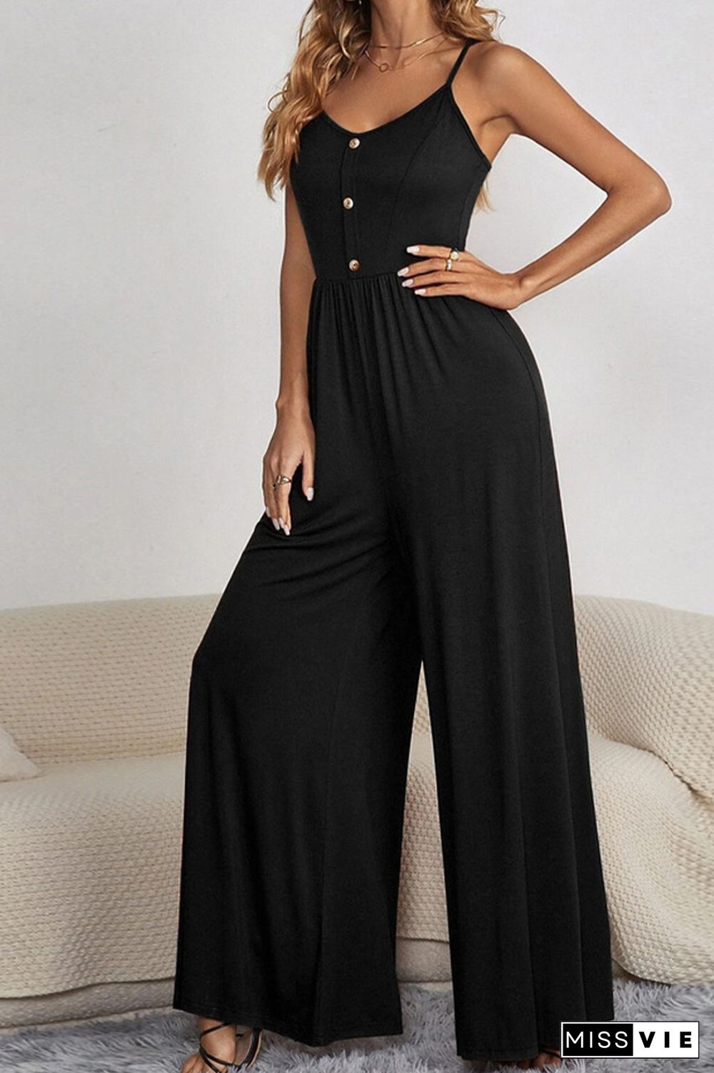 Plain Wide Leg Button Jumpsuit Wholesale