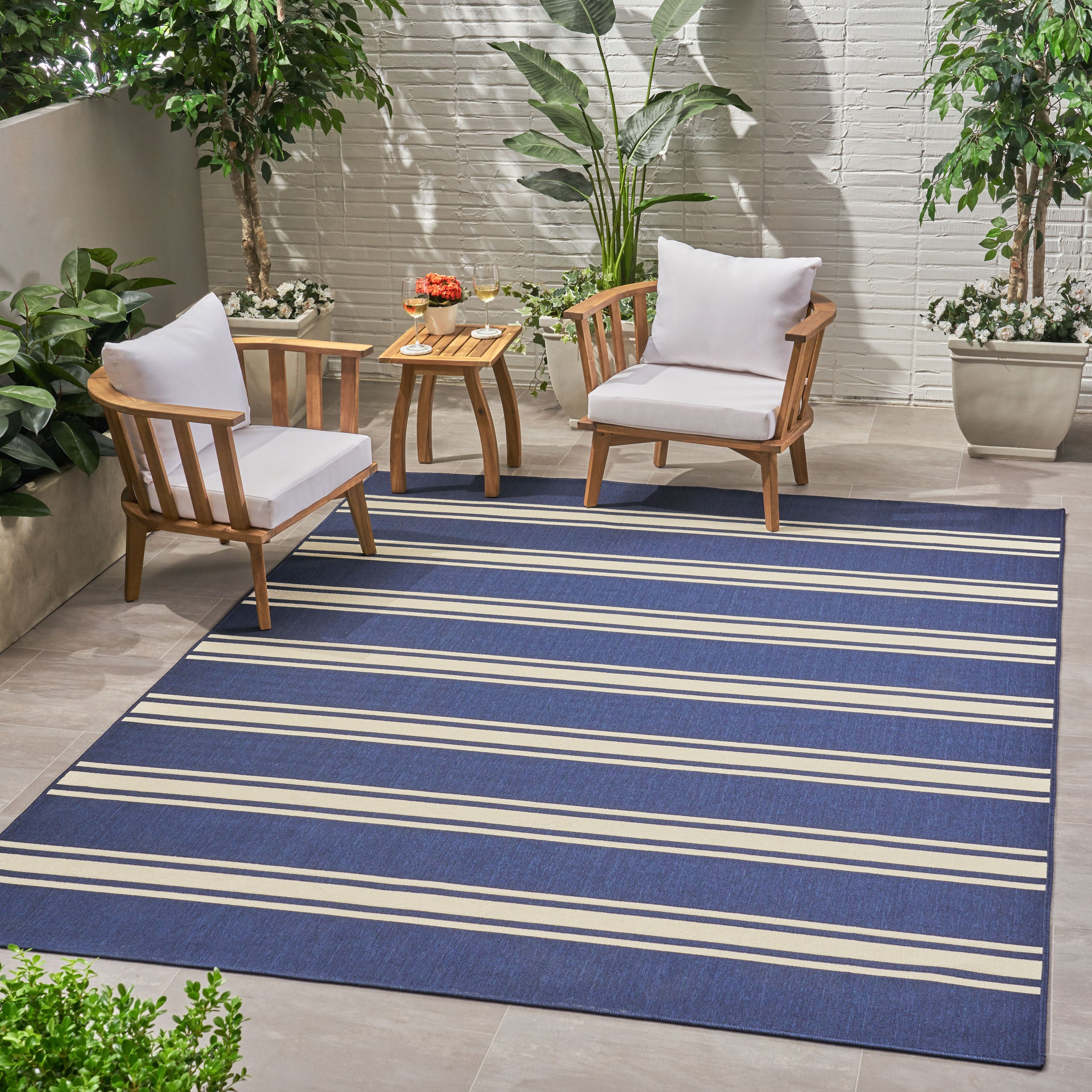 Julia Outdoor Stripe Area Rug, Navy and Ivory