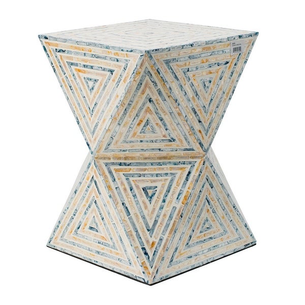 20 Inch Capiz Accent Stool Table， Hourglass Triangular， Off White Ivory