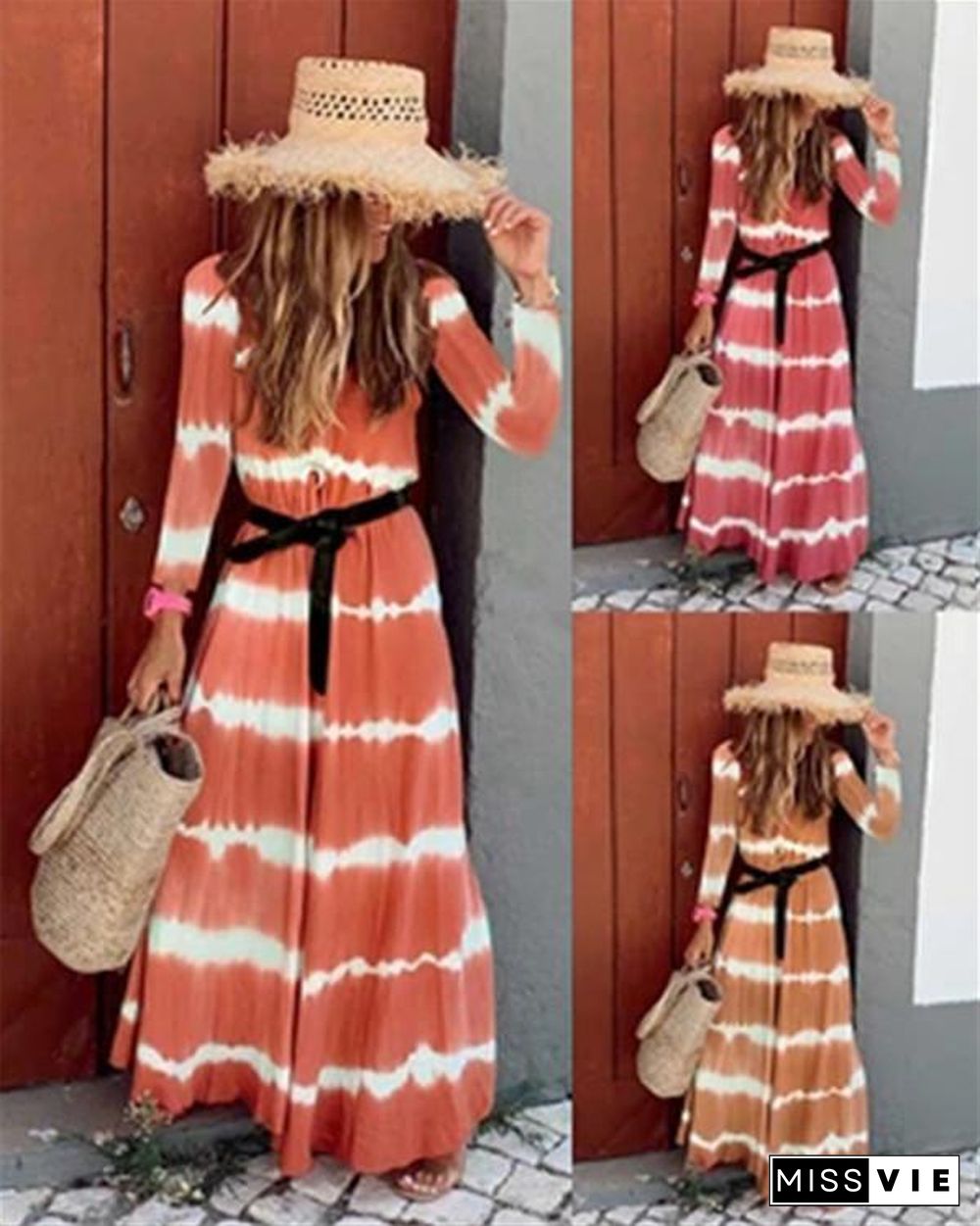 Fall Dress Wave Printed Long Sleeve Women's Maxi Dress