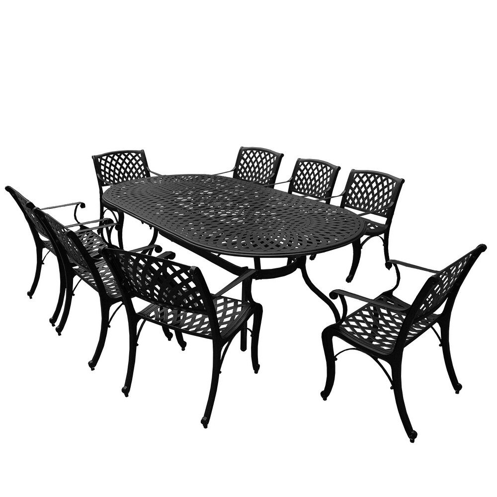 Outdoor Lattice 95 inch Bronze Oval Dining Set with Eight Arm Chairs