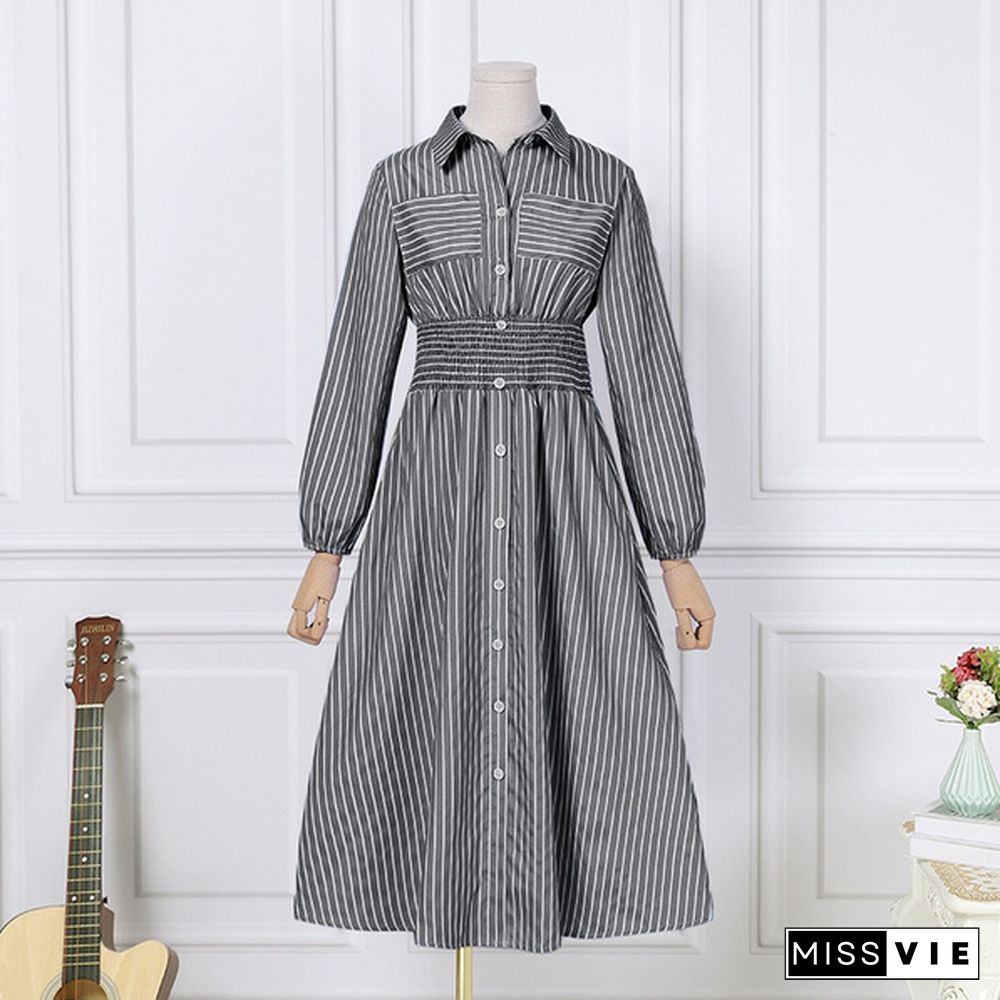 Stylish Women Summer Long Sleeve Strped Shirt Dress Plus Size A Line Casual Dresses