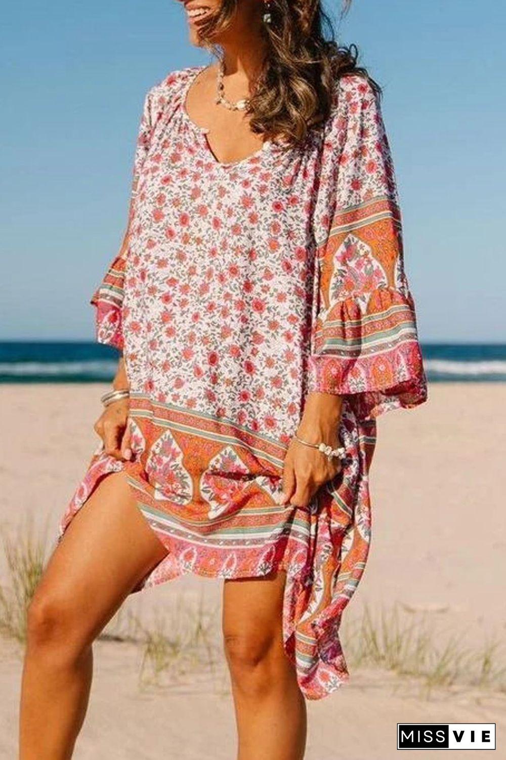 V-Neck Bell Sleeve Floral Printed Dress