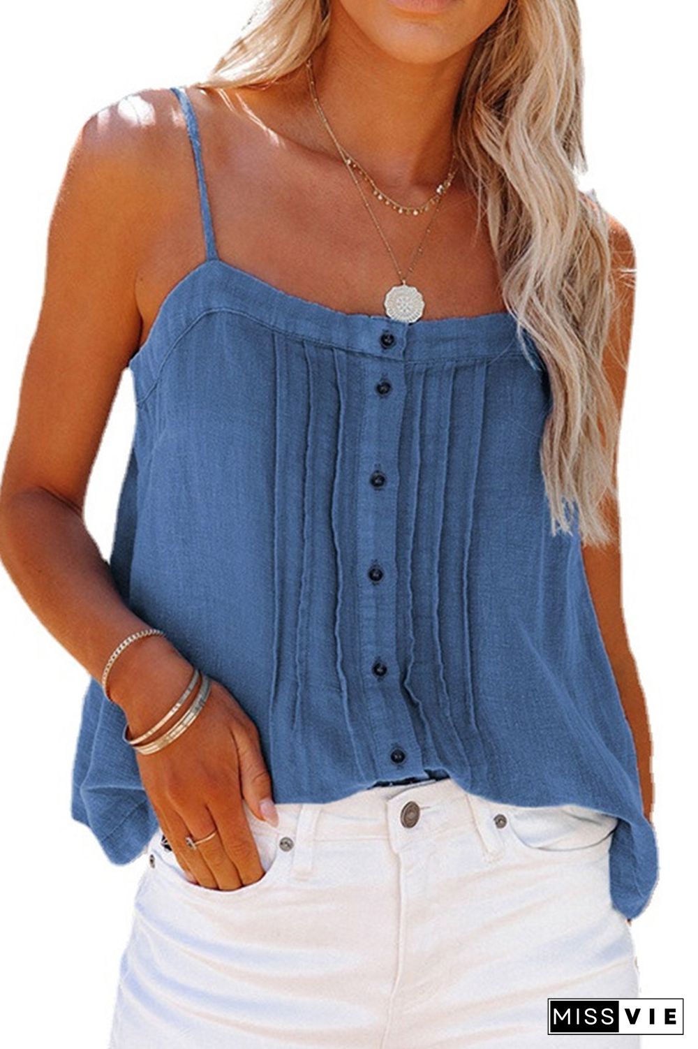 Plain Denim Spaghetti Button Cami Top