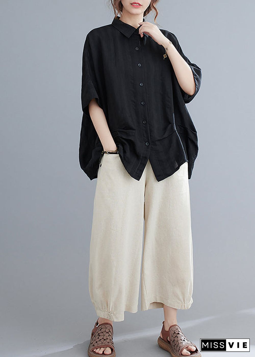 Stylish Black Oversized Wrinkled Cotton Shirt Top Summer