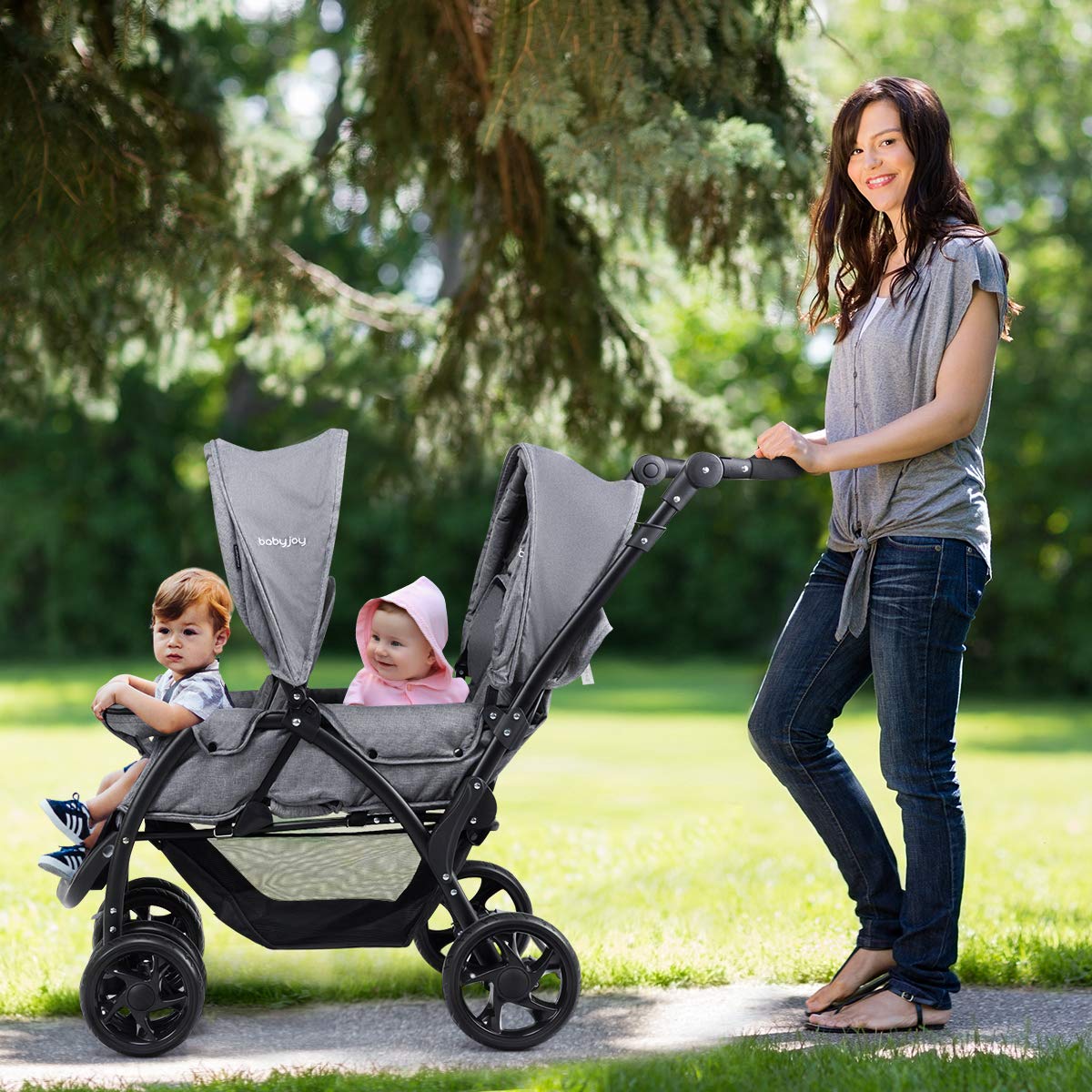 Foldable Double Seat Tandem Stroller  (Gray)