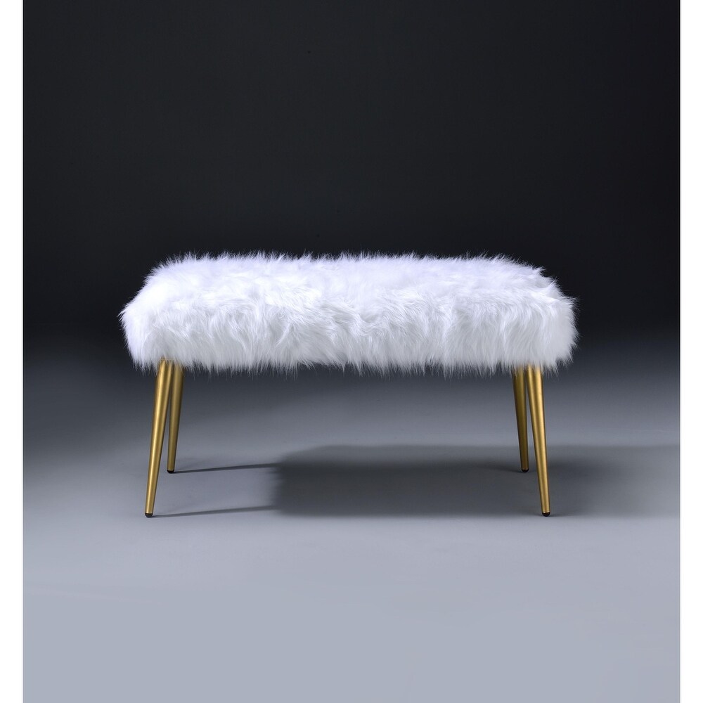 Global Pronex Bagley II Bench in White Faux Fur   Gold for Living Room and Dining Room