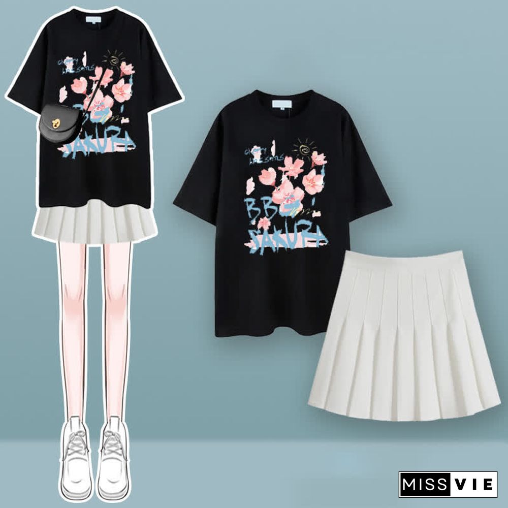 Tulip Cherry Blossom Print T-Shirt Pleated Skirt Two Pieces Set