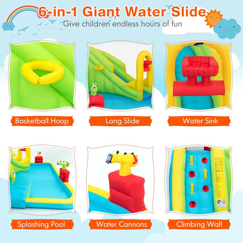 7-in-1 Kids Long Slide Water Park Inflatable Bounce House with Climbing Wall, Splash Pool, Basketball Rim, Water Cannons