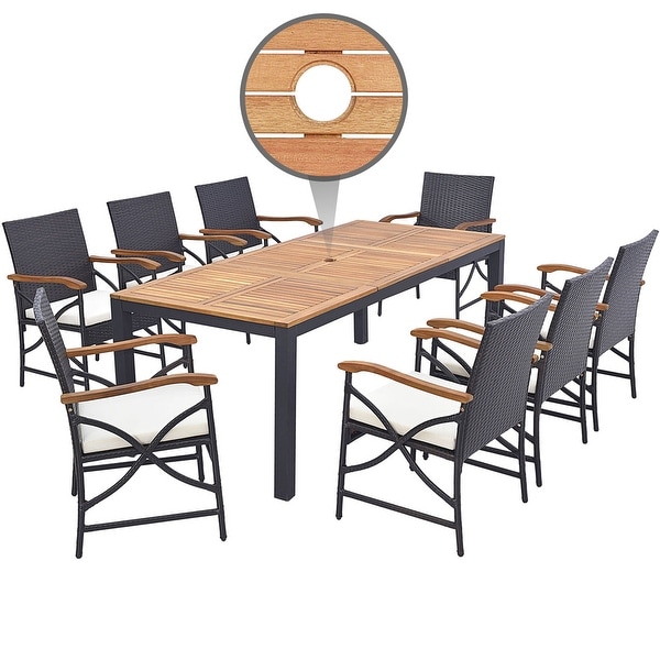 Costway 9 PCS Patio Rattan Dining Set with Acacia Wood Table，