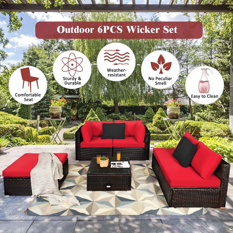 6 Pcs Outdoor Rattan Sectional Sofa Set with Coffee Table & Removable Seat & Back Cushions